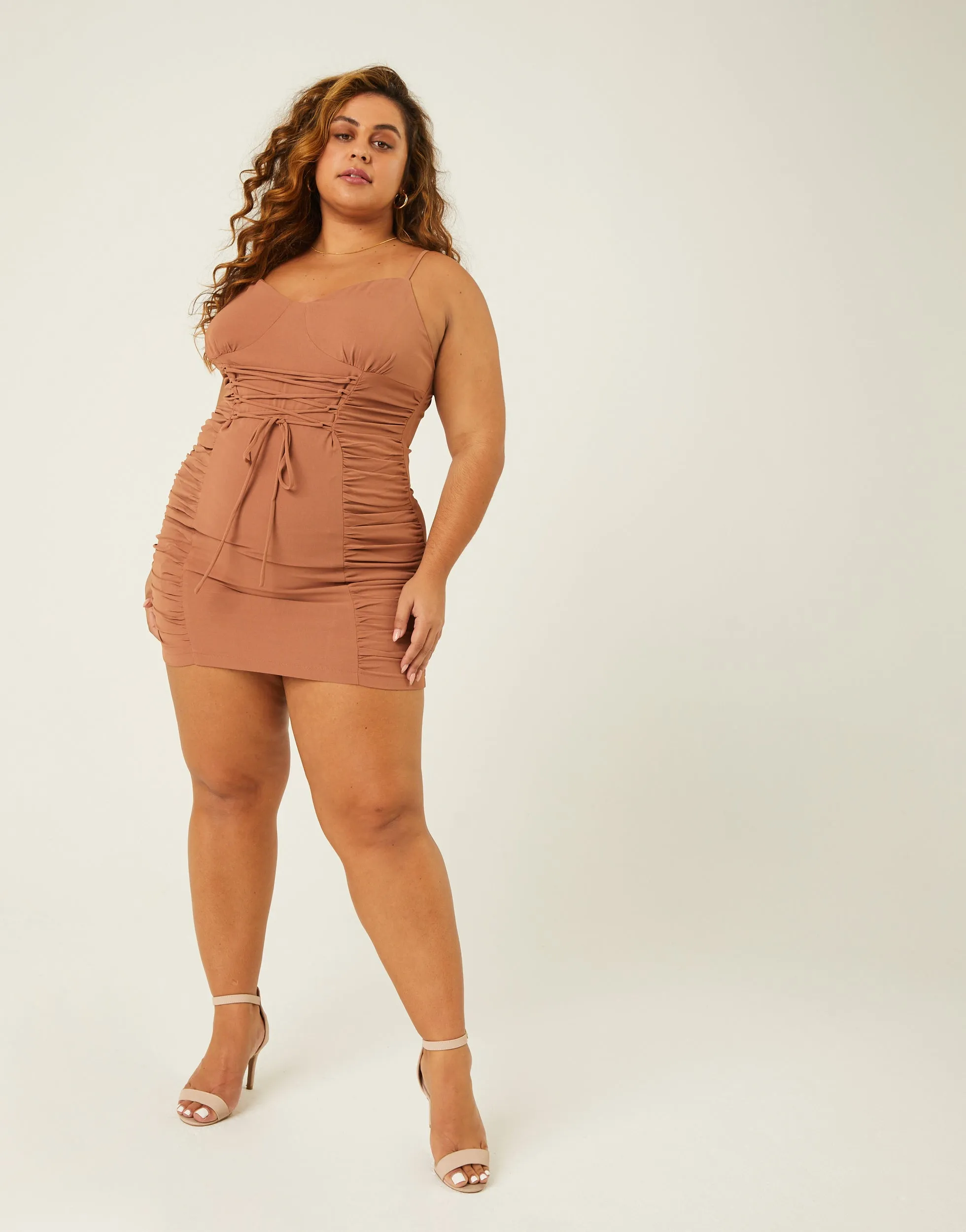 Plus Size Lace Up Ruched Mini Dress