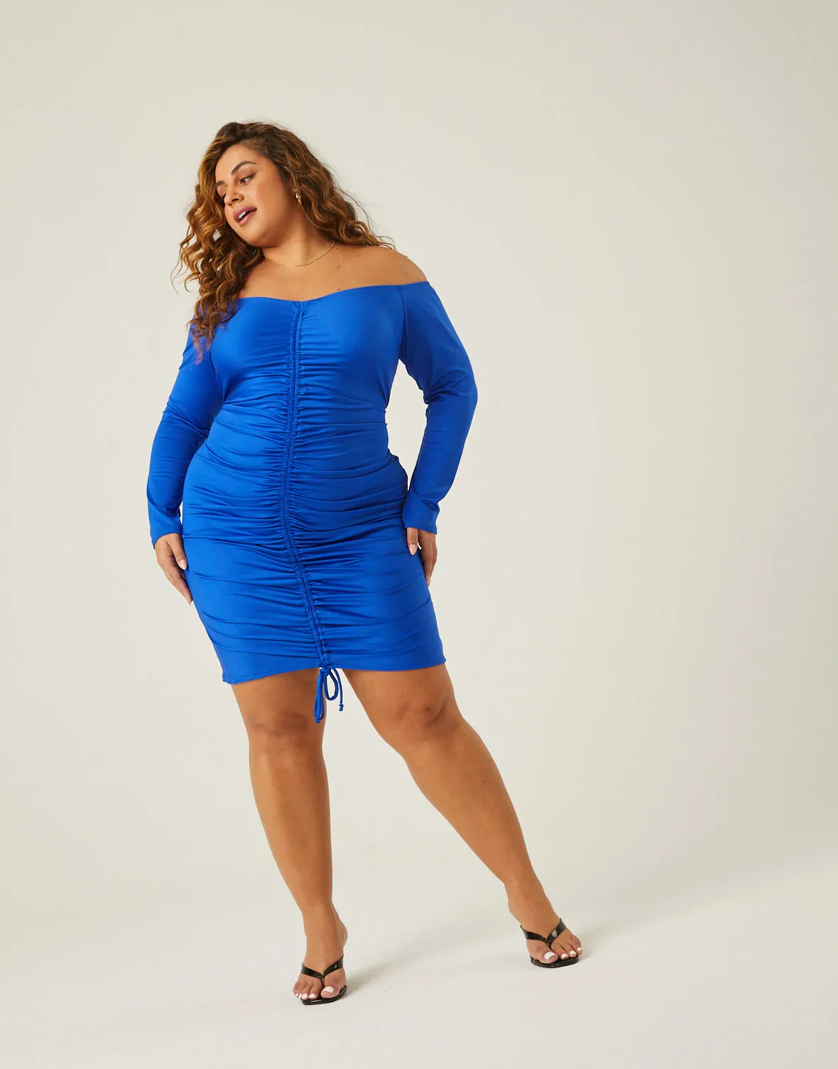 Plus Size Ruched Front Long Sleeve Dress