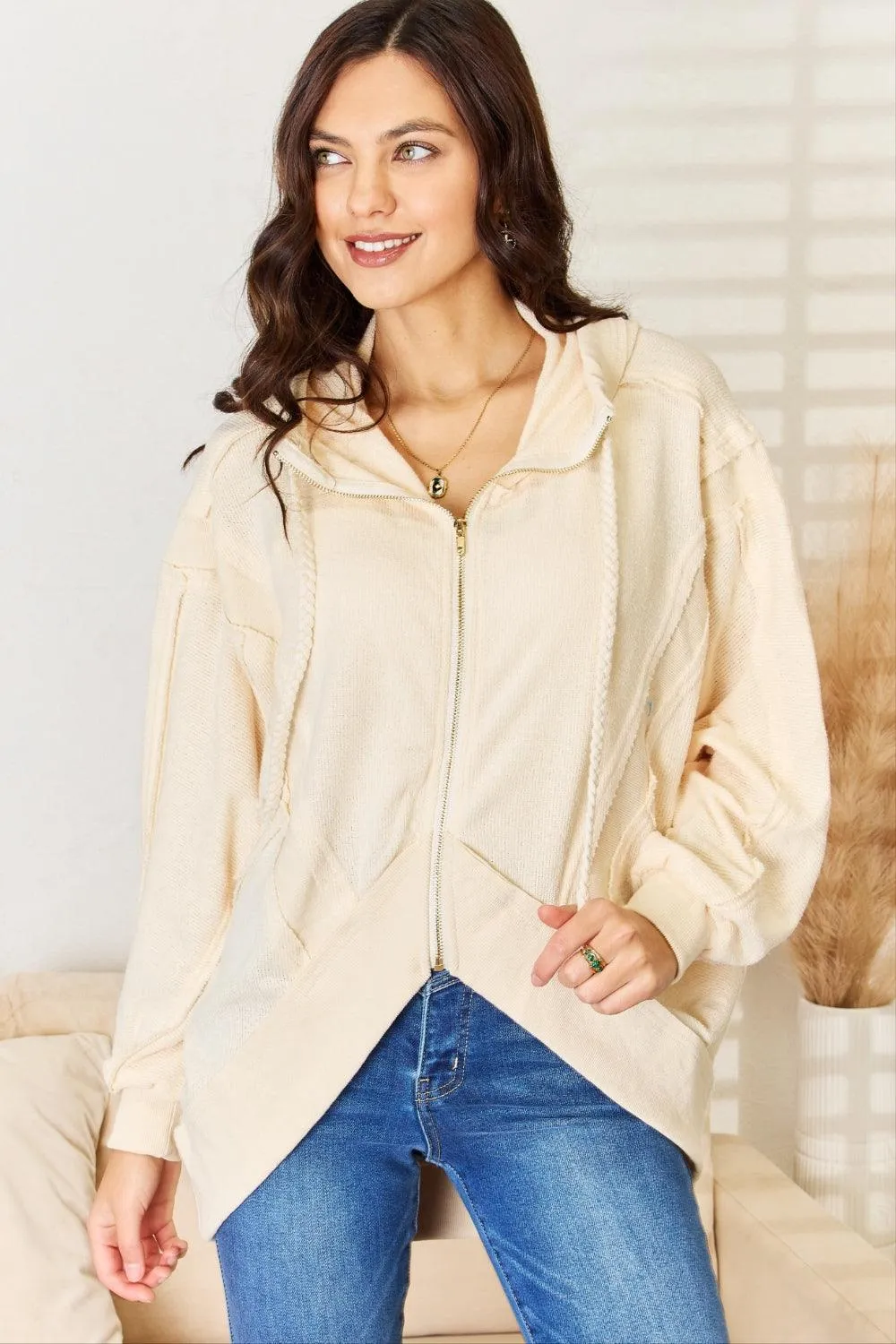 POL Zip Up High-Low Hem Hoodie