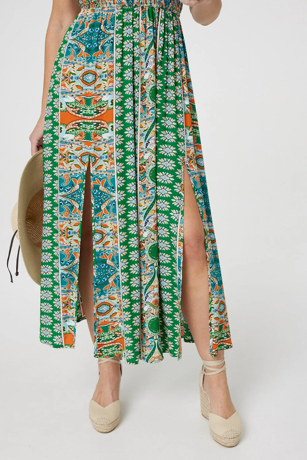 Printed Bardot Smocked Maxi Dress