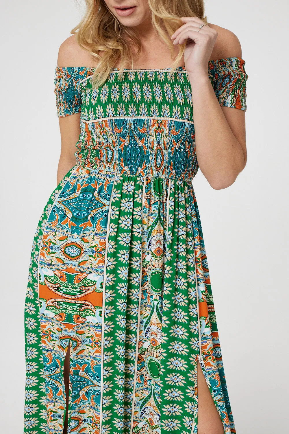 Printed Bardot Smocked Maxi Dress