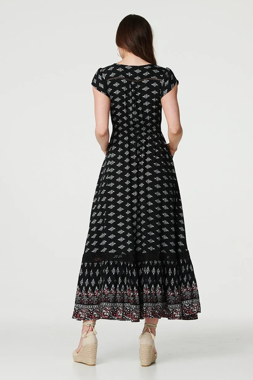 Printed V-Neck Lace Hem Maxi Dress