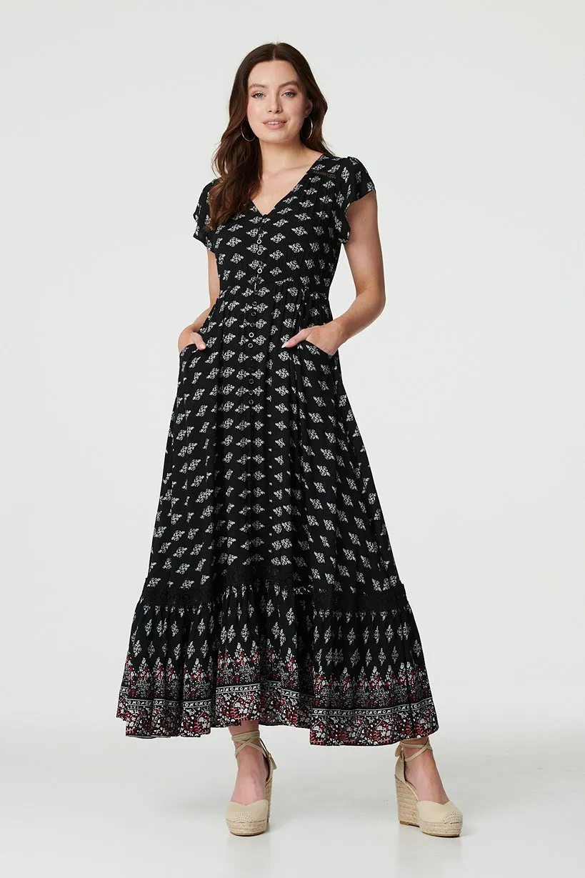 Printed V-Neck Lace Hem Maxi Dress