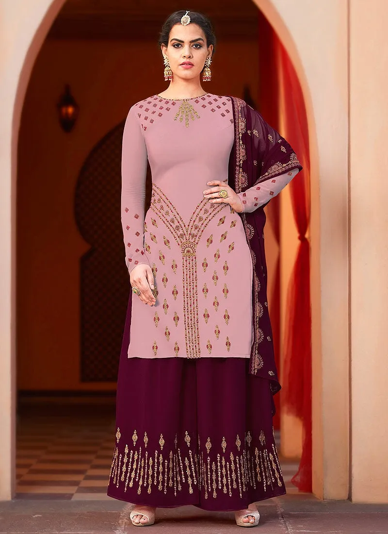 Purple And Wine Embroidered Palazzo Suit