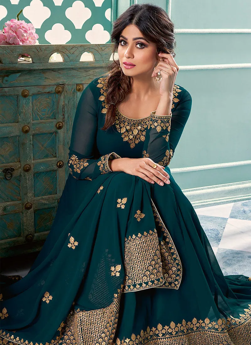 Rama Green Embroidered Flared Anarkali Suit