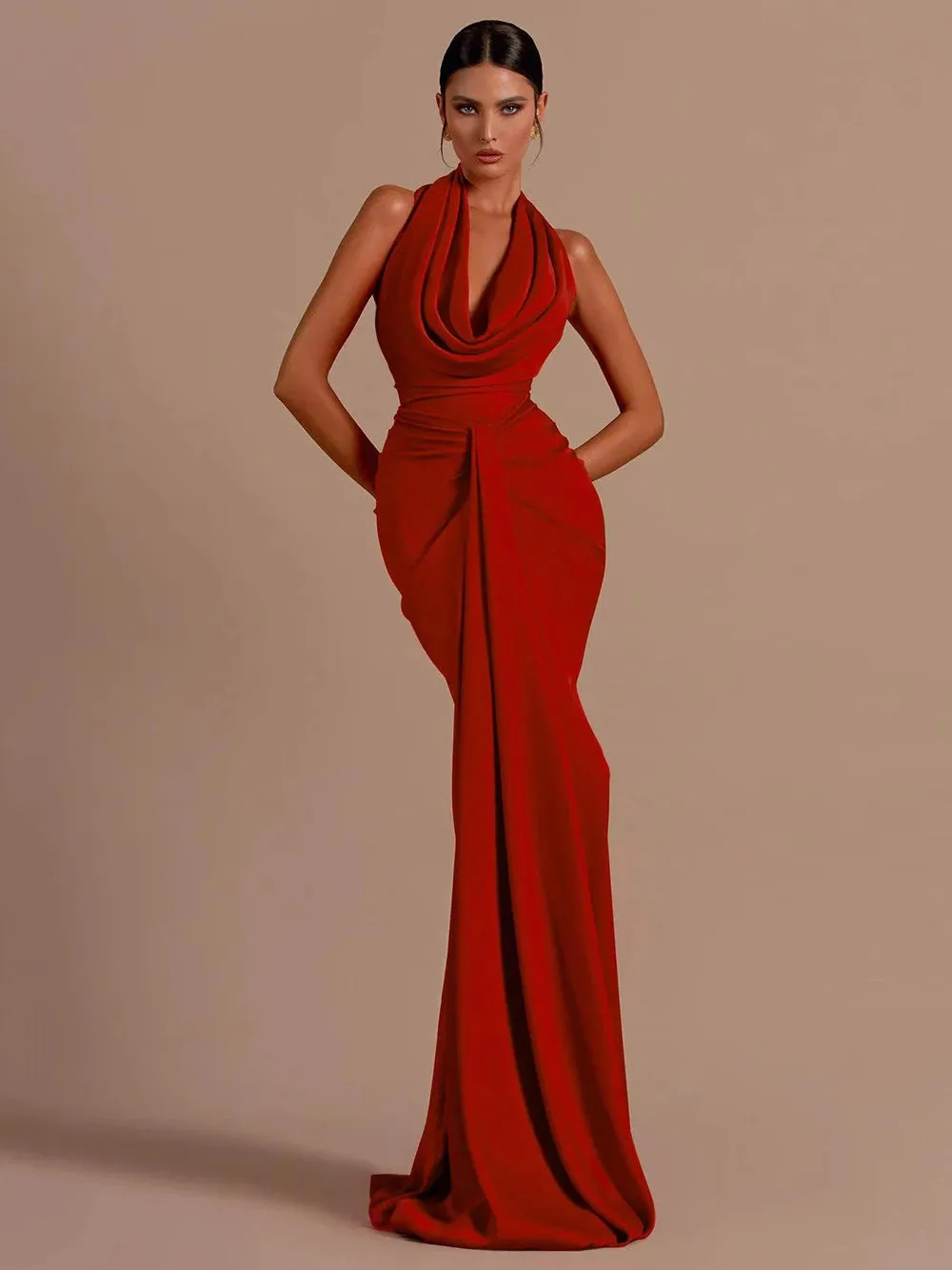 Red Backless Halter V-Neck Maxi Bodycon Christmas Party Dress