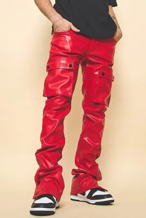 Red Stacked Mens Flare Pants in Faux Leather