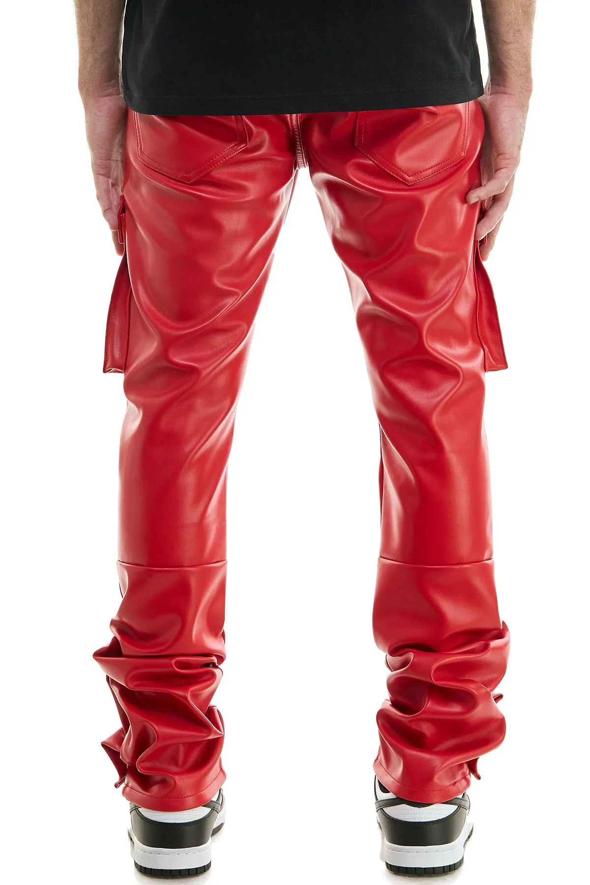 Red Stacked Mens Flare Pants in Faux Leather