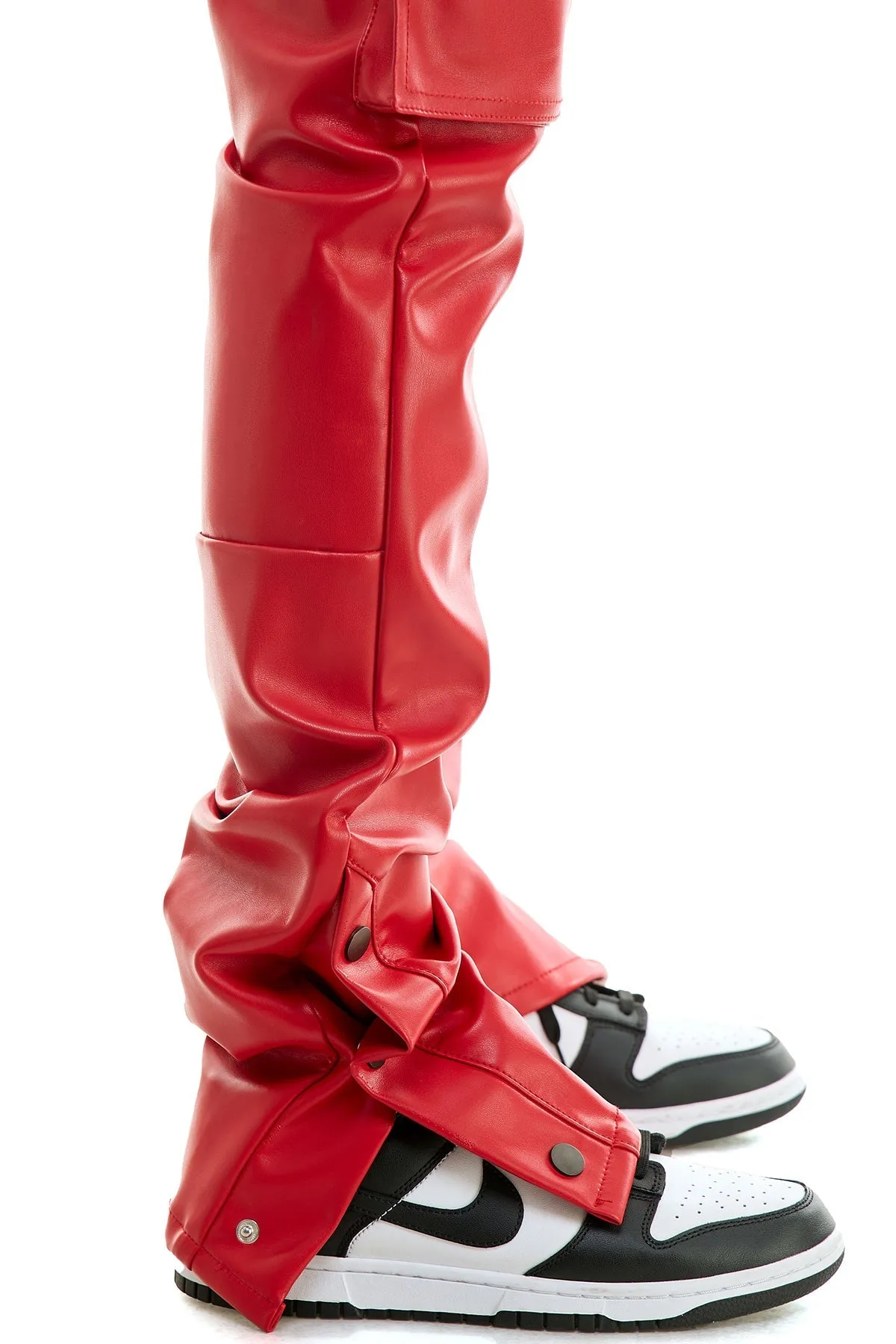 Red Stacked Mens Flare Pants in Faux Leather