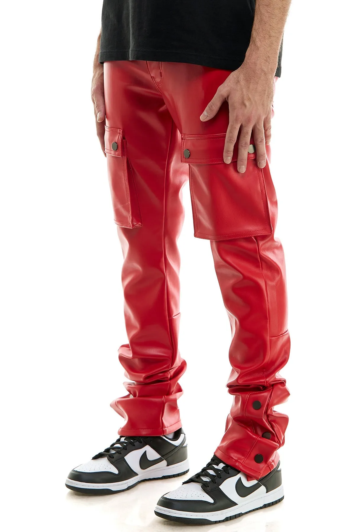 Red Stacked Mens Flare Pants in Faux Leather