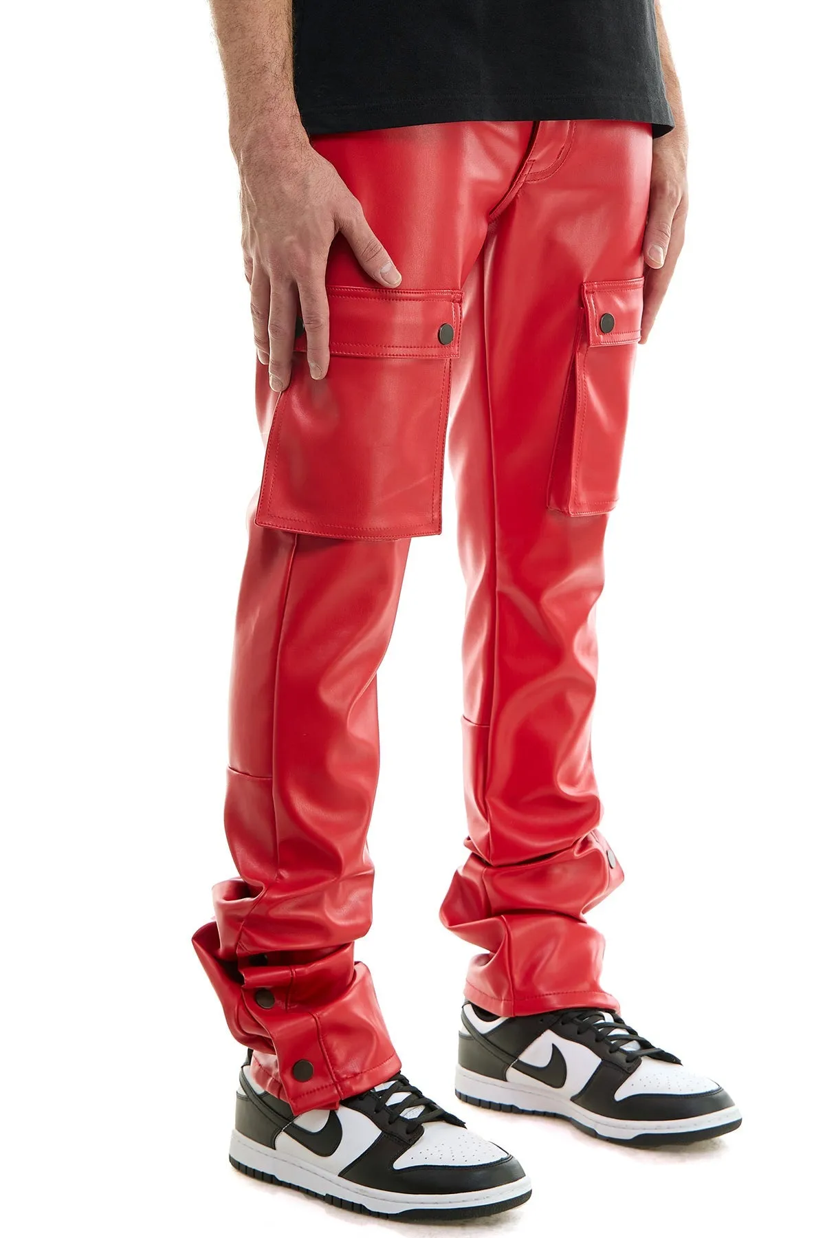 Red Stacked Mens Flare Pants in Faux Leather