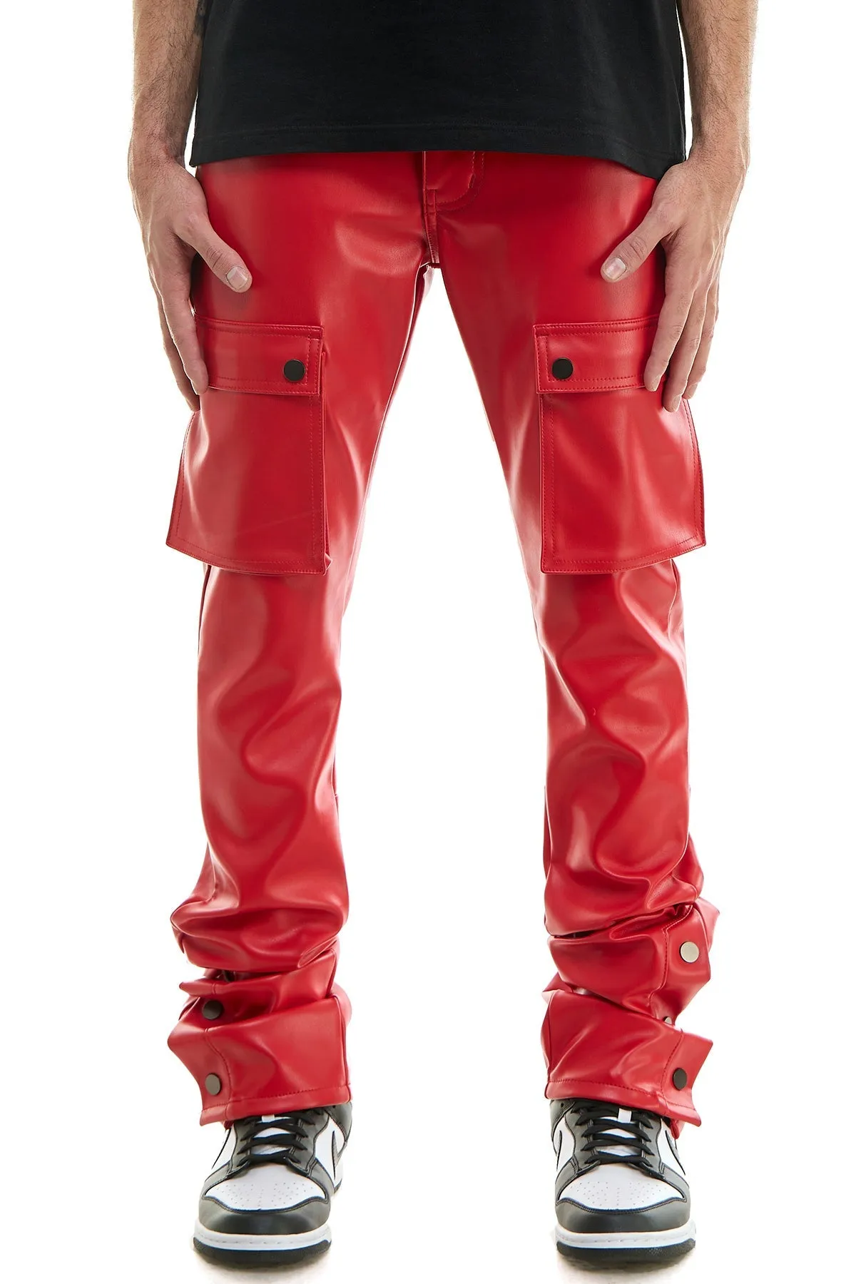 Red Stacked Mens Flare Pants in Faux Leather