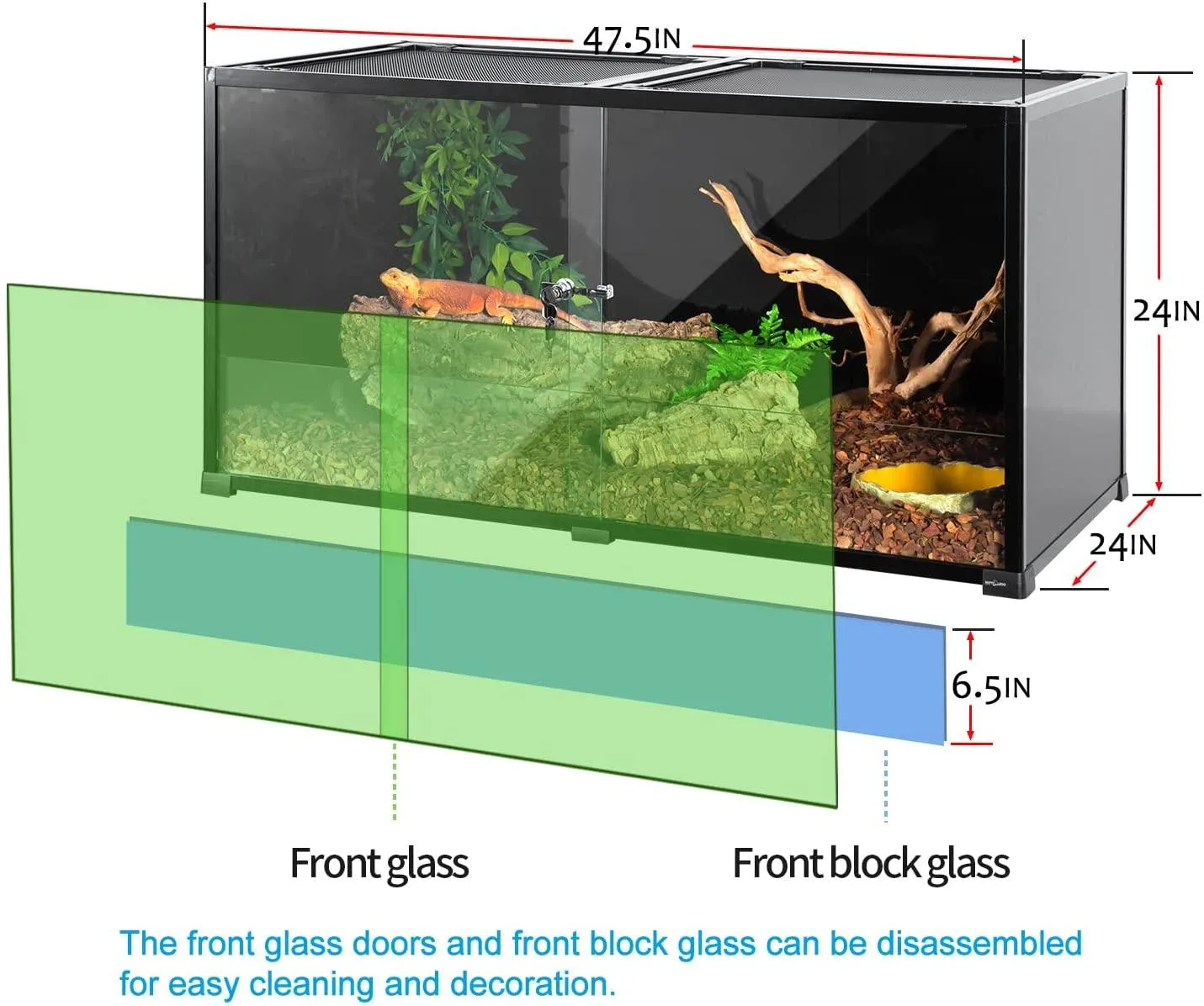 REPTI ZOO 2nd-Generation 120 Gallon Reptile Terrarium 48" x 24" x 24", Black-Tinted Glass ECO-Terrarium to Reduce Stress, Fully Knock-Down RKF0318B