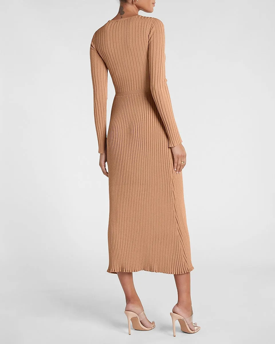 Ribbed Crew Neck Maxi Sweater Dress in Pecan