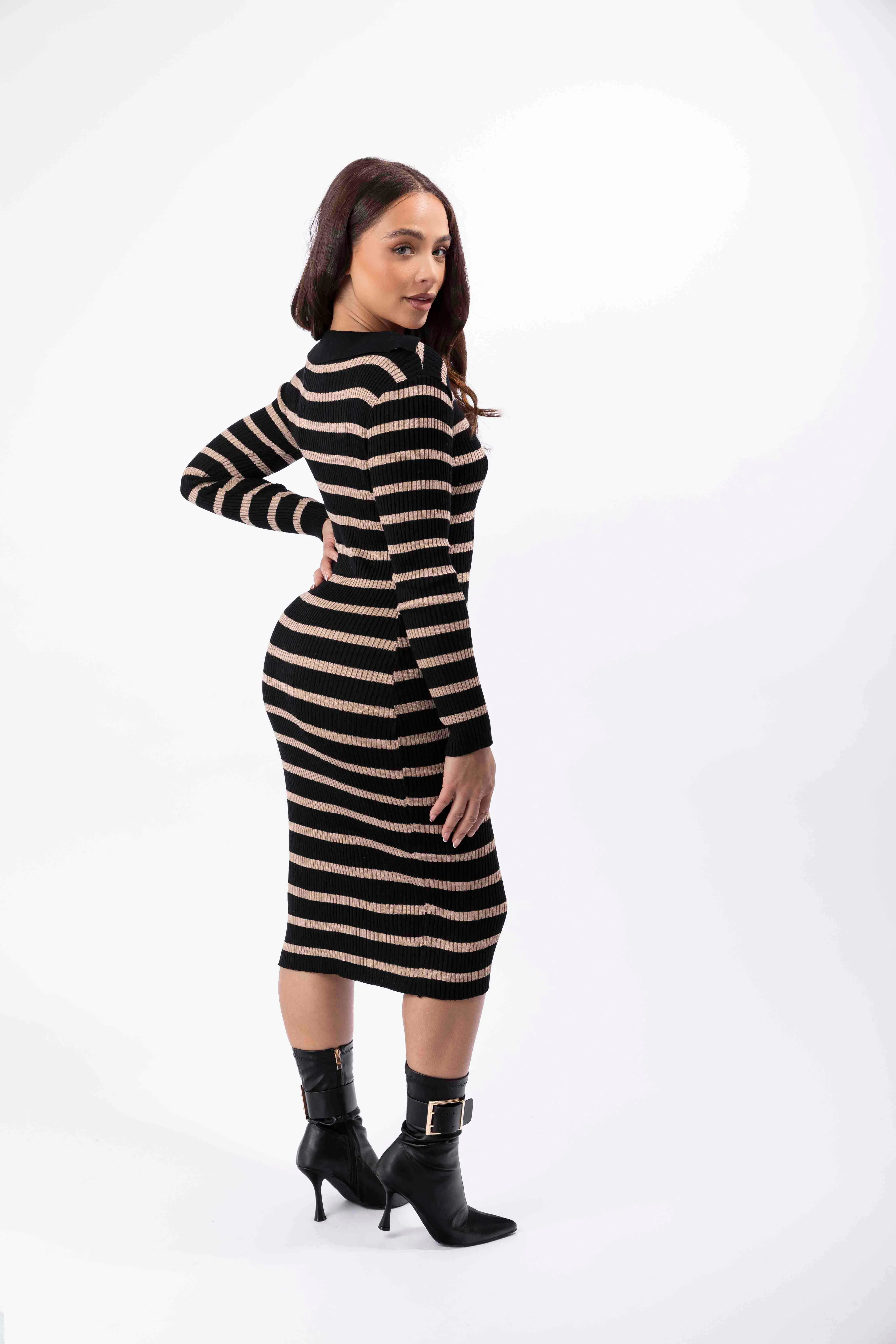 Ribbed Stretchy Knitted Viscose V-Cut Striped Bodycon Dress