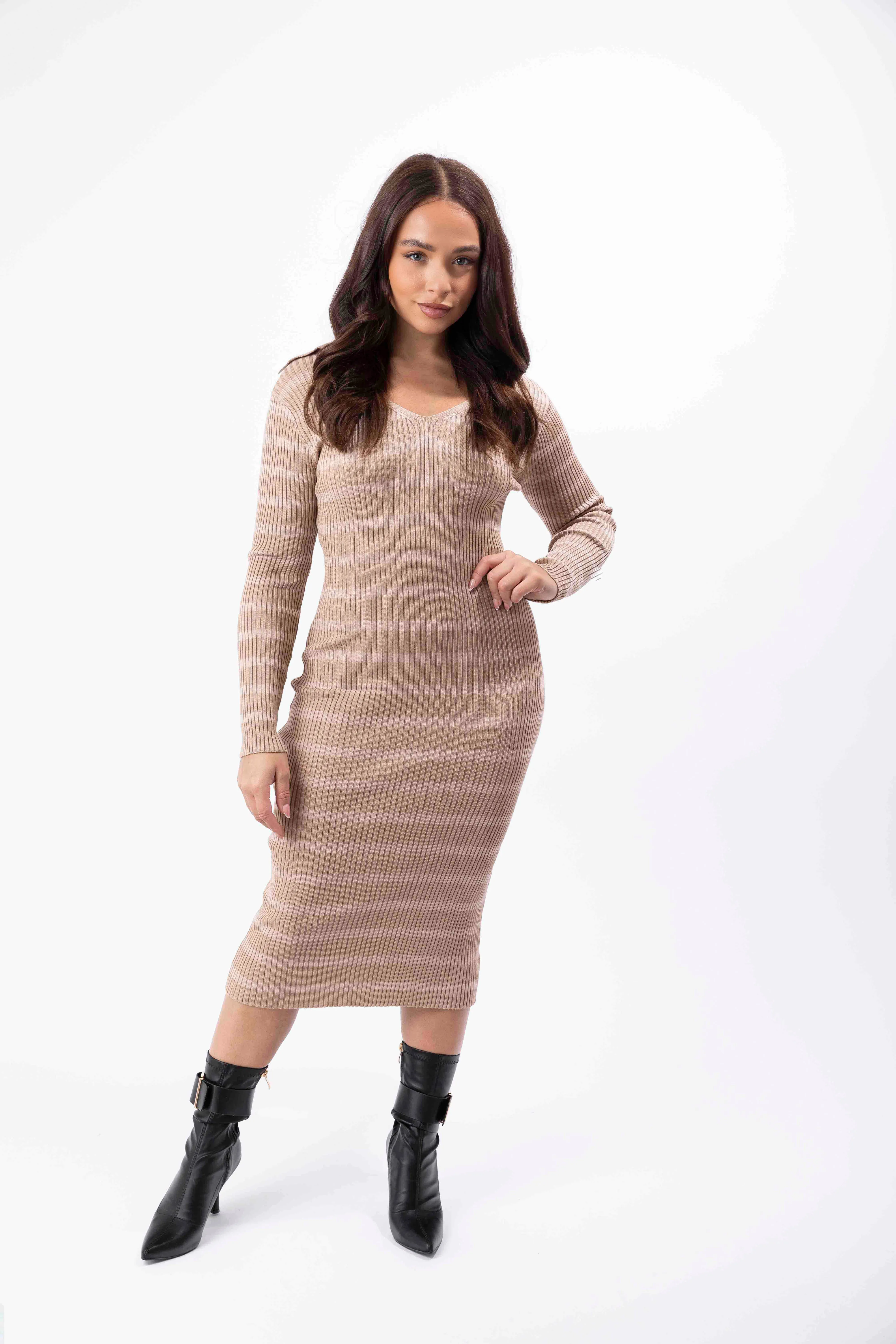 Ribbed Stretchy Knitted Viscose V-Cut Striped Bodycon Dress