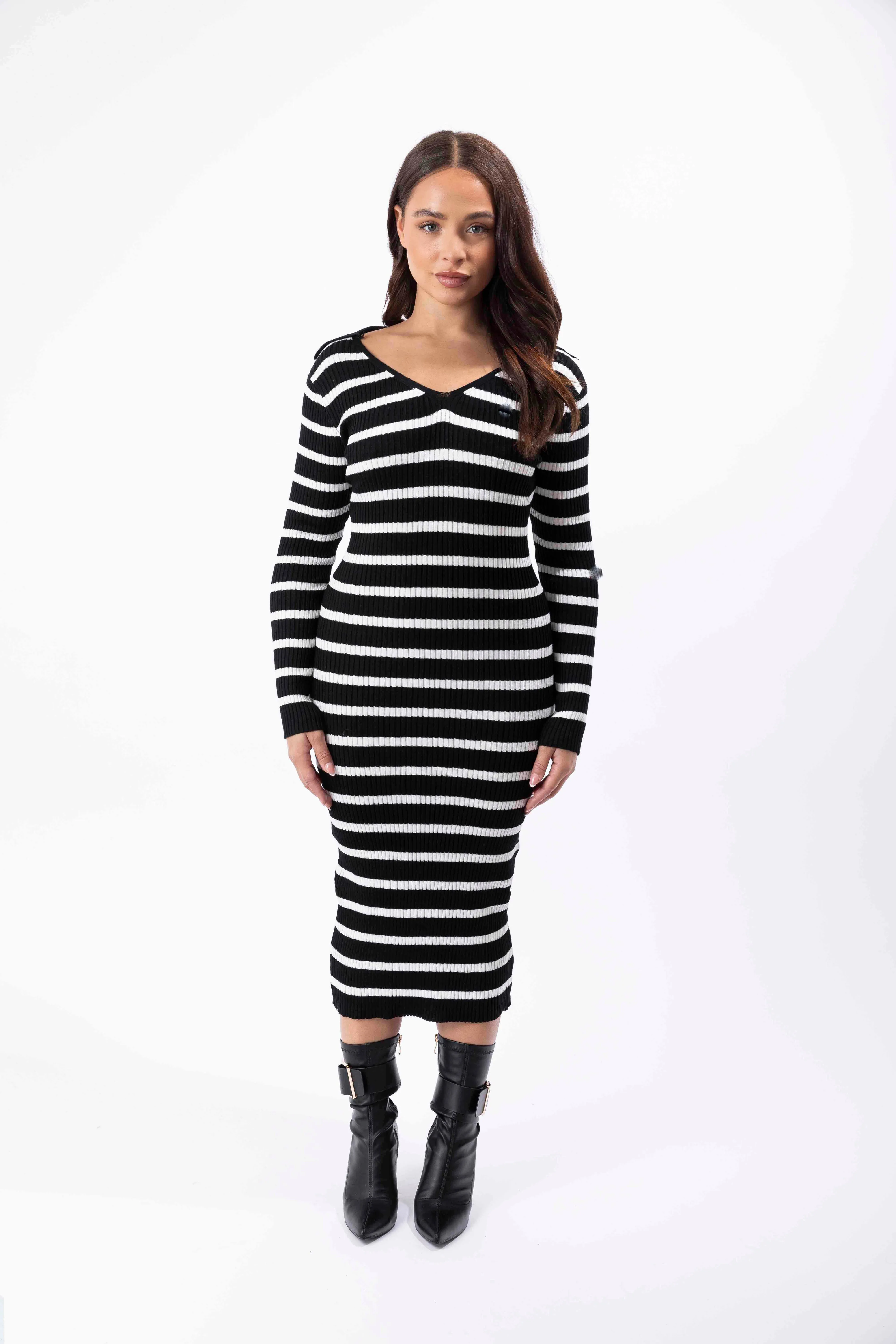 Ribbed Stretchy Knitted Viscose V-Cut Striped Bodycon Dress