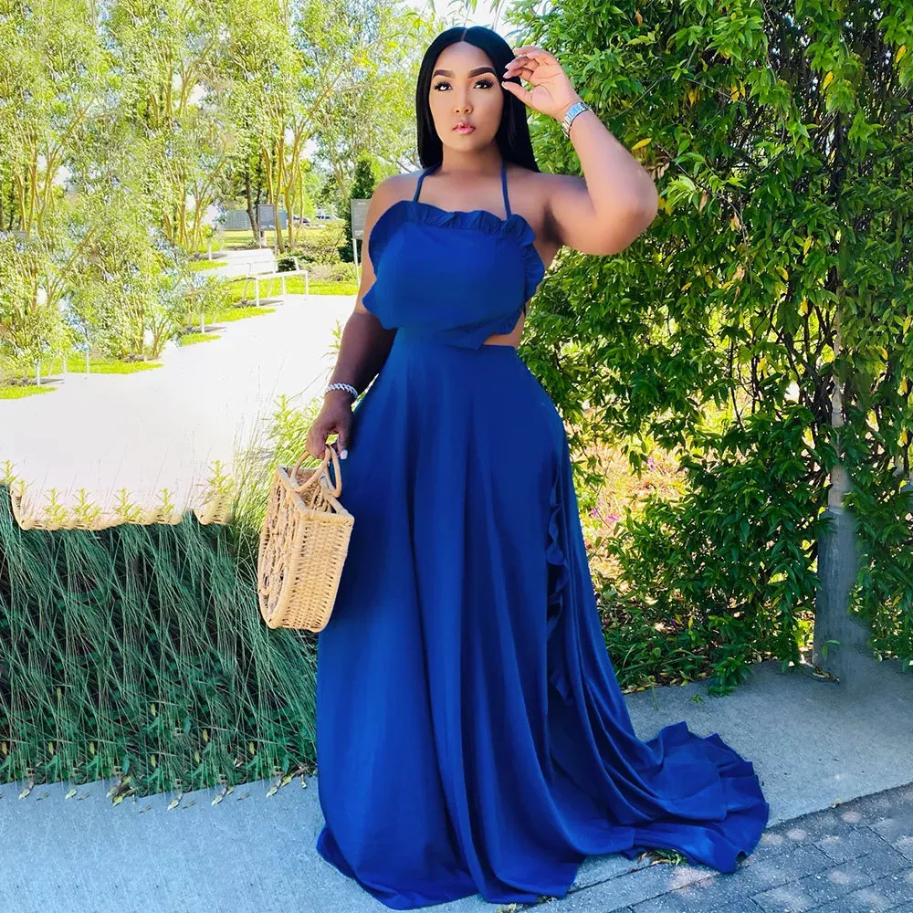 RQR Royal Halter Lace Up Backless Ruffle Maxi Dress