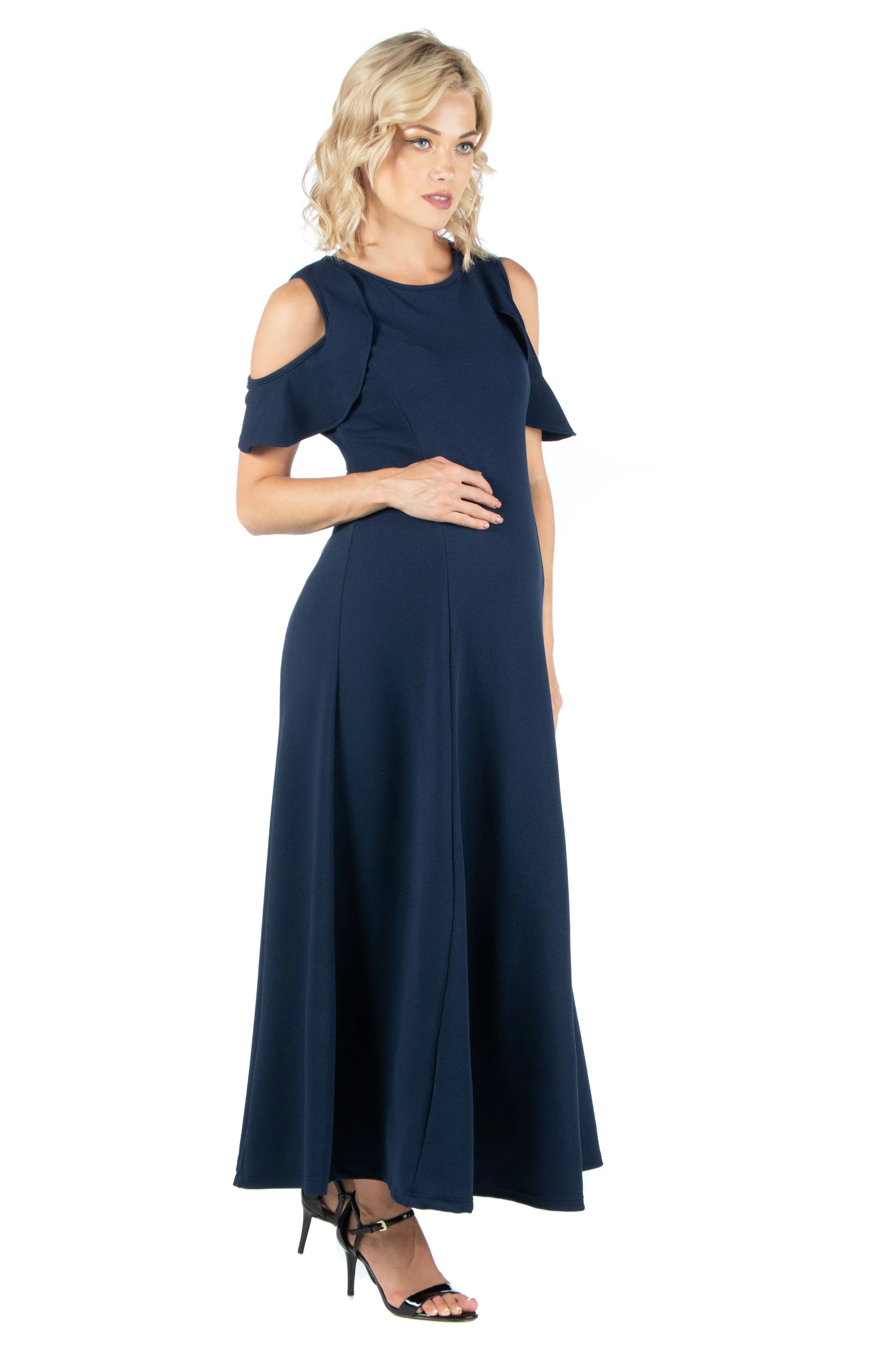 Ruffle Cold Shoulder A Line Maternity Maxi Dress