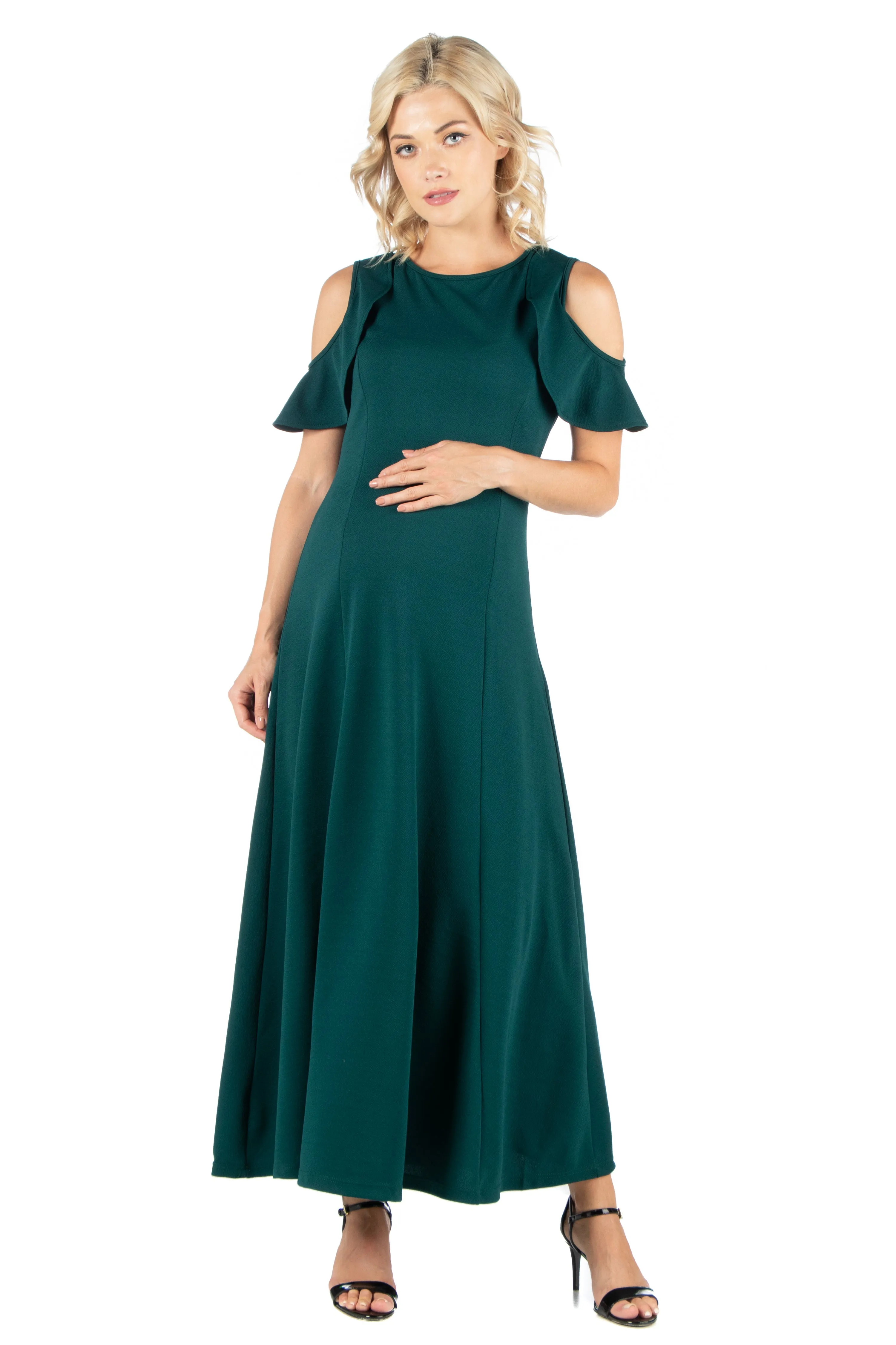 Ruffle Cold Shoulder A Line Maternity Maxi Dress