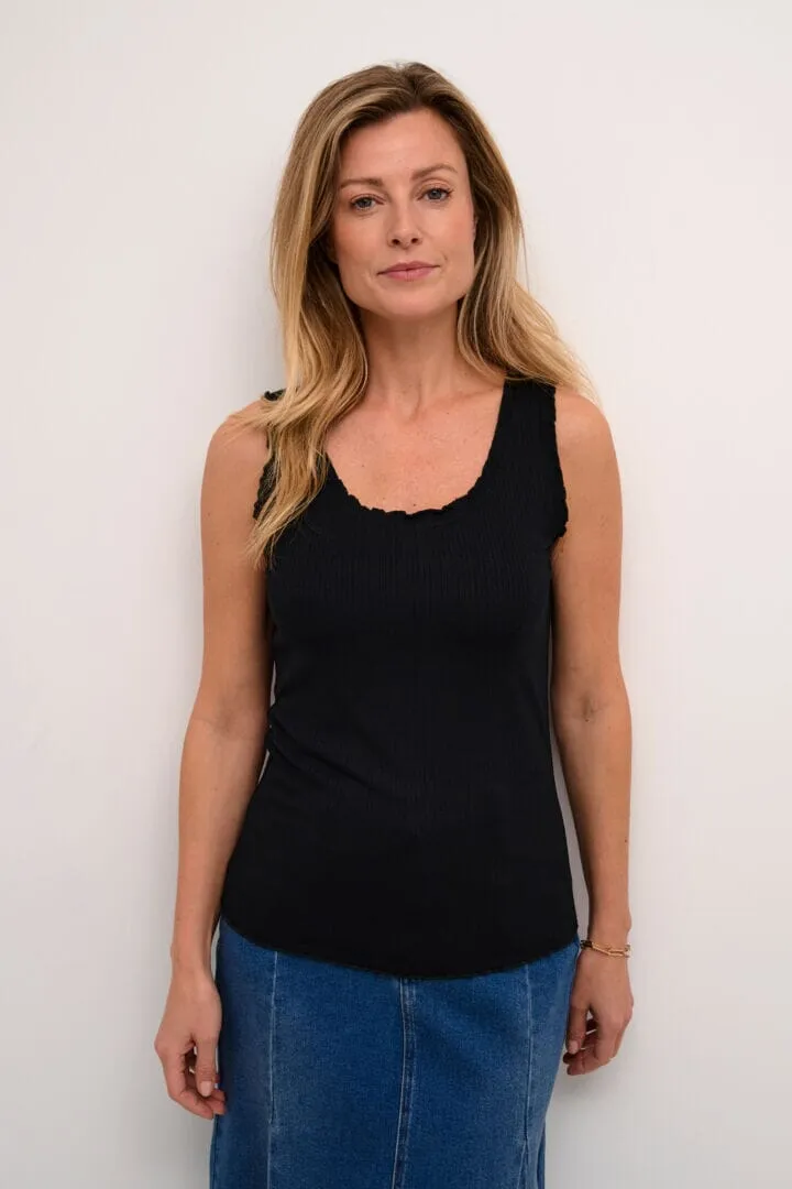 SCALLOPED BLACK RIBBED CREW NECK TANK