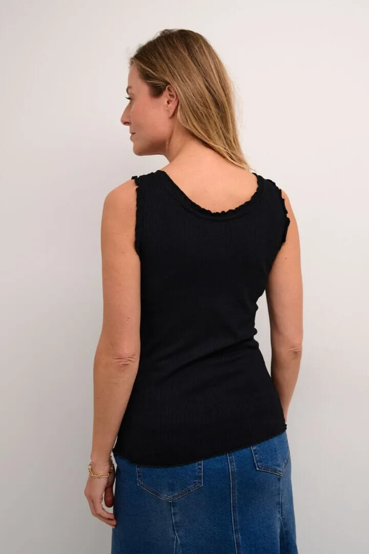 SCALLOPED BLACK RIBBED CREW NECK TANK