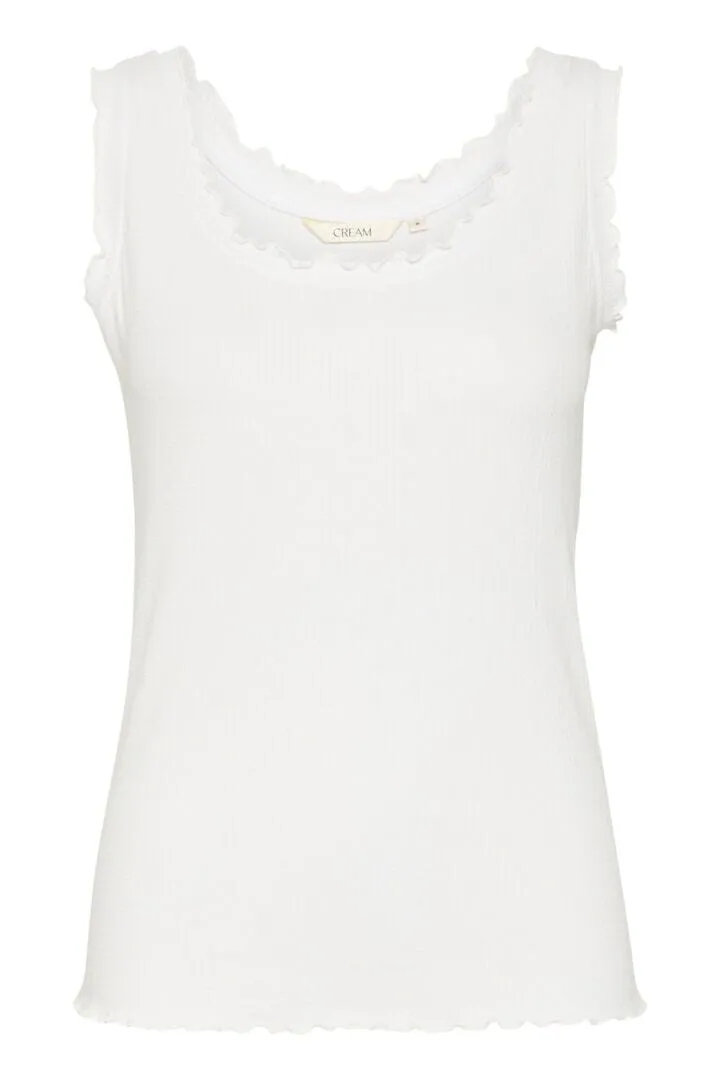 SCALLOPED WHITE RIBBED CREW NECK TANK