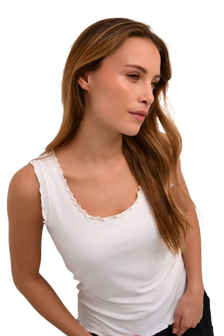 SCALLOPED WHITE RIBBED CREW NECK TANK