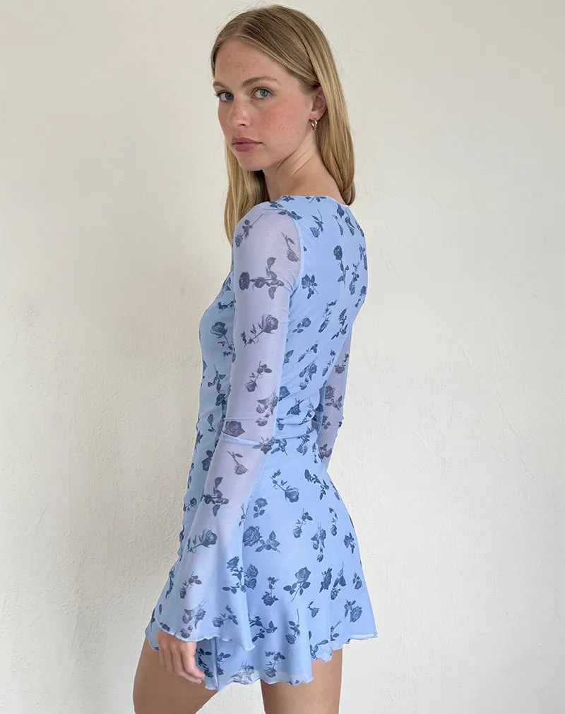 Sevila Long Sleeve Mini Dress in Inky Blue Floral Mesh