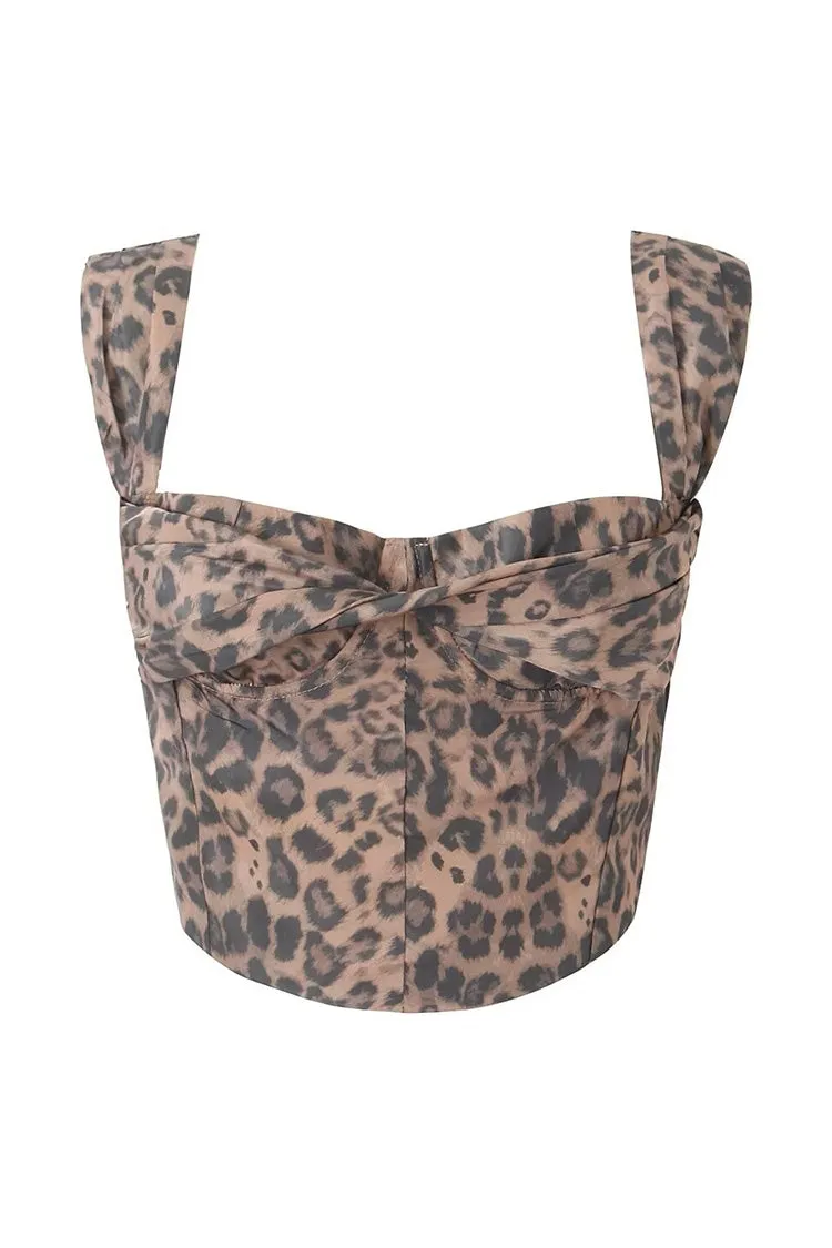 Sexy Leopard Print Twist Front Bustier Suspender Strap Crop Tank Top