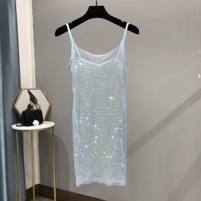 Sexy Light Blue Diamante Crystal fishnet Slipdress