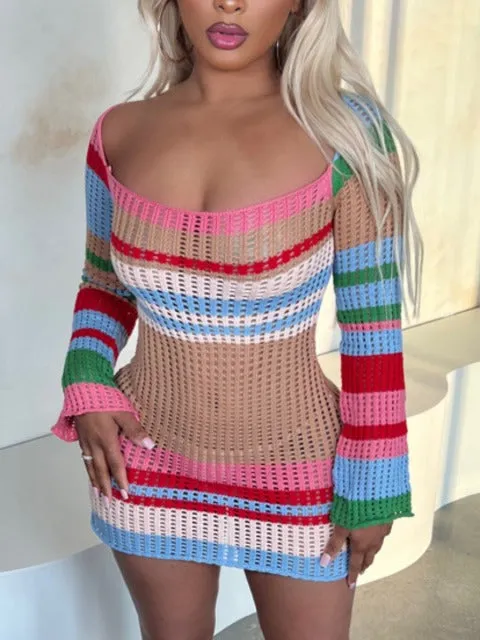 Sexy Taupe Striped Knit Bodycon Mini Dress