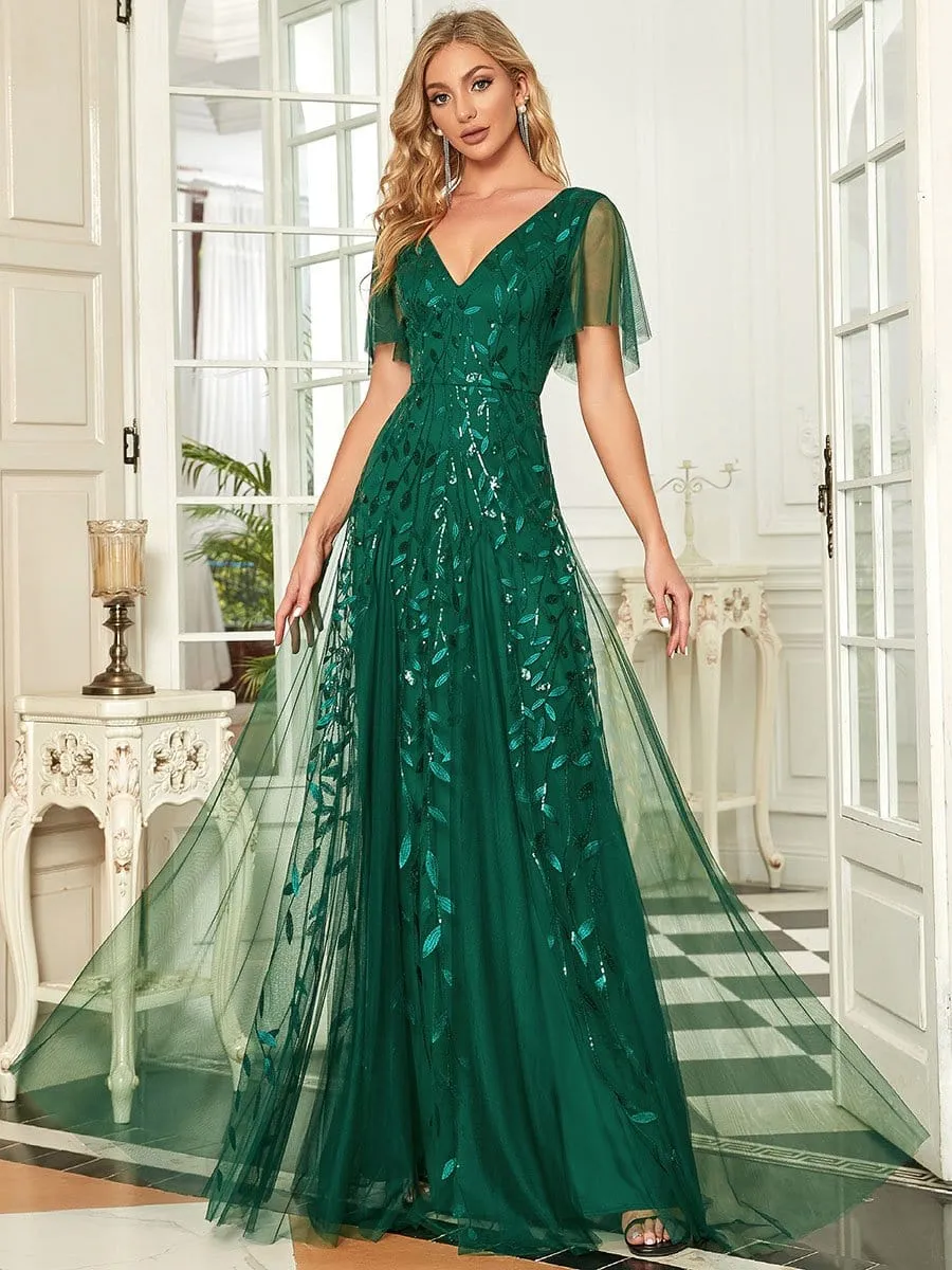 Shimmery V Neck Ruffle Sleeves Sequin Maxi Long Evening Gowns