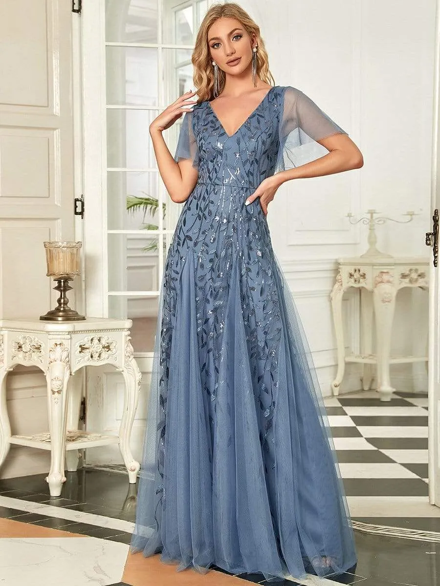 Shimmery V Neck Ruffle Sleeves Sequin Maxi Long Evening Gowns