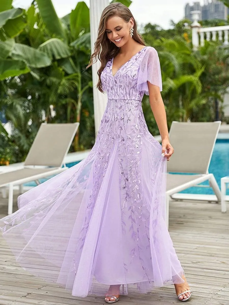 Shimmery V Neck Ruffle Sleeves Sequin Maxi Long Evening Gowns