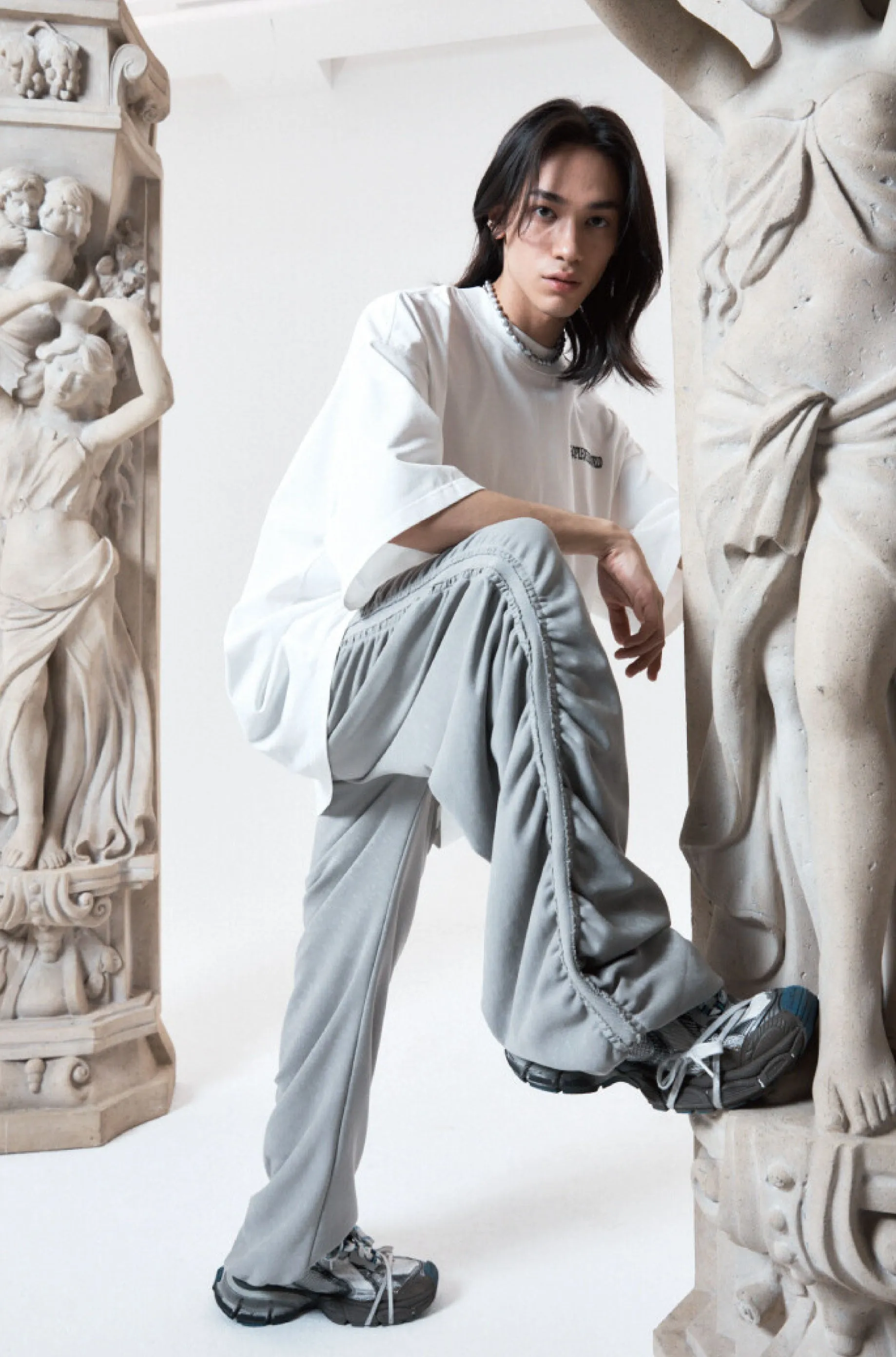 Shirring wide banded pants gray