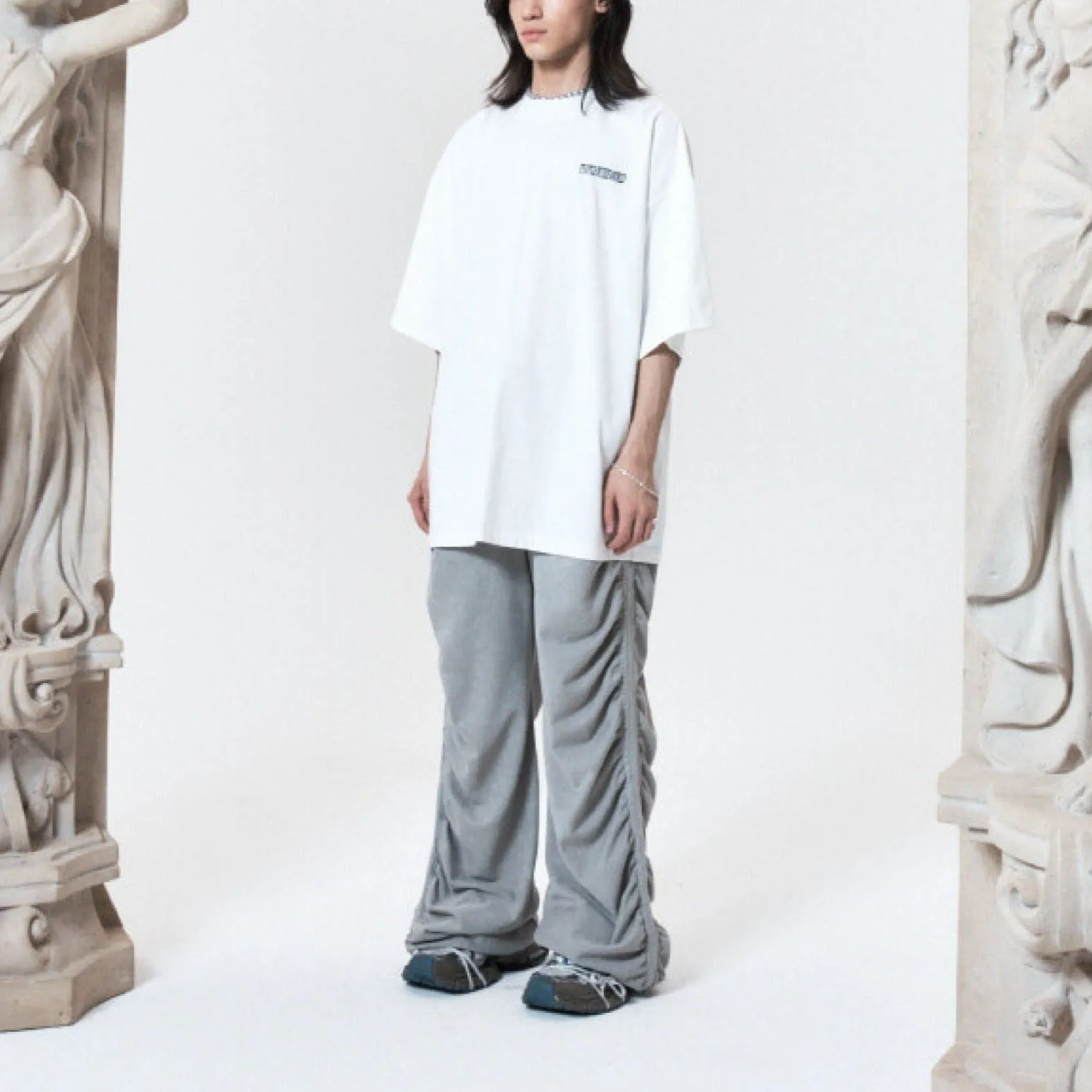 Shirring wide banded pants gray