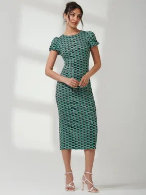 Short Sleeve Jersey Bodycon Midi Dress, Green Geo