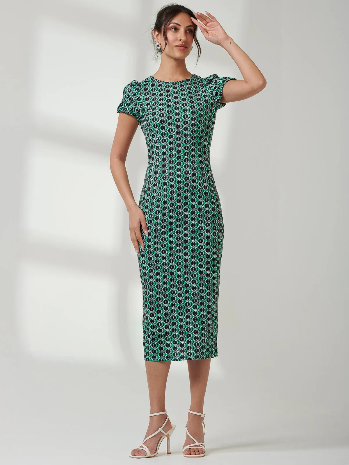 Short Sleeve Jersey Bodycon Midi Dress, Green Geo