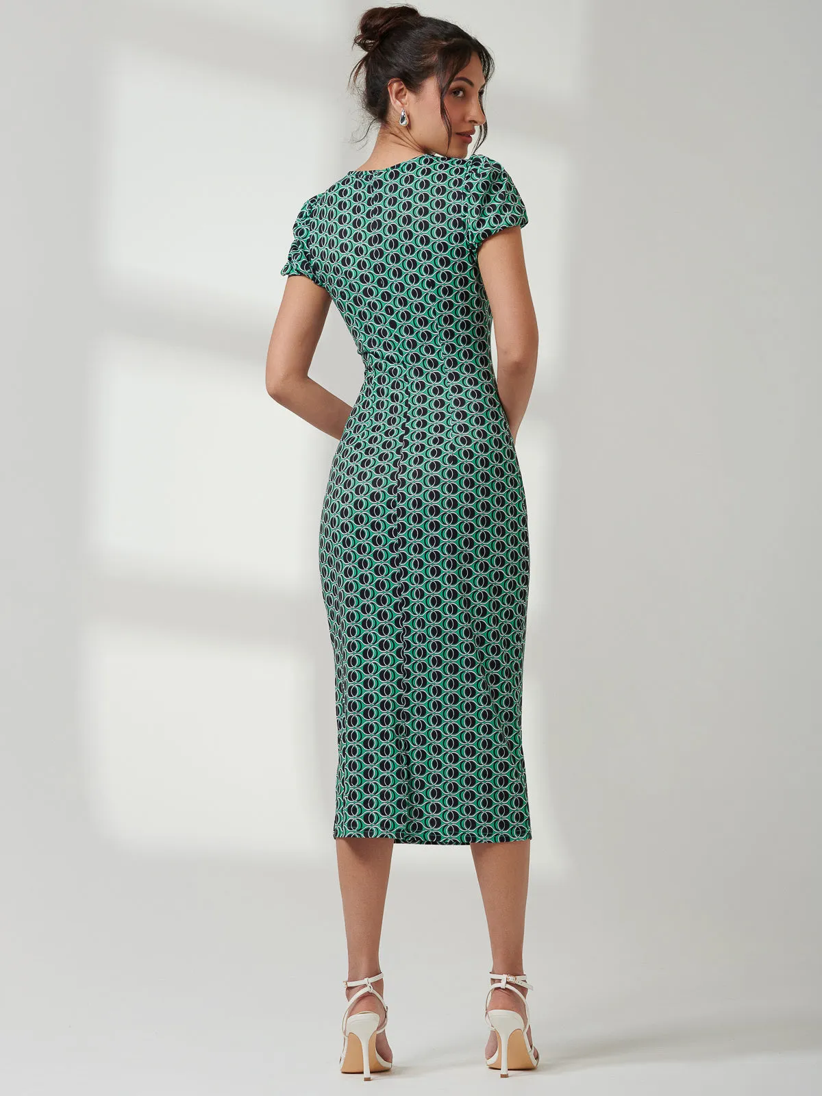 Short Sleeve Jersey Bodycon Midi Dress, Green Geo