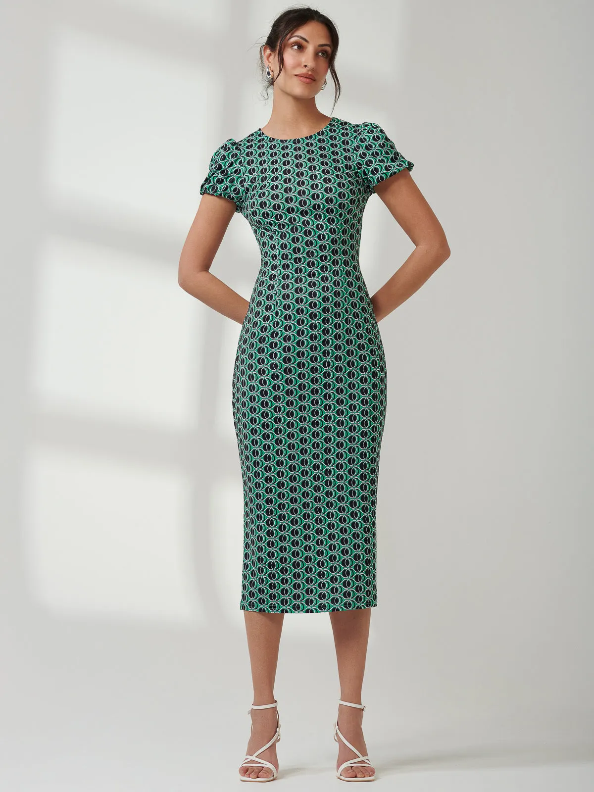 Short Sleeve Jersey Bodycon Midi Dress, Green Geo