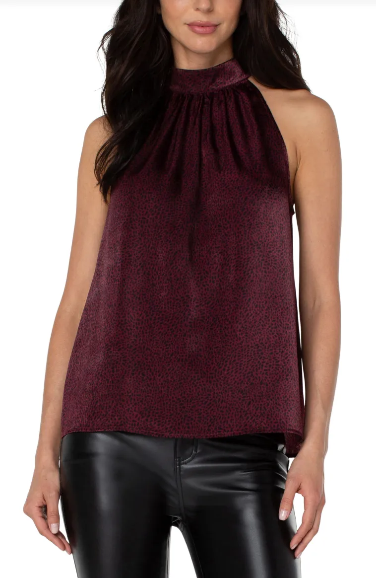 Sleeveless Mock Neck Halter Top - Leopard