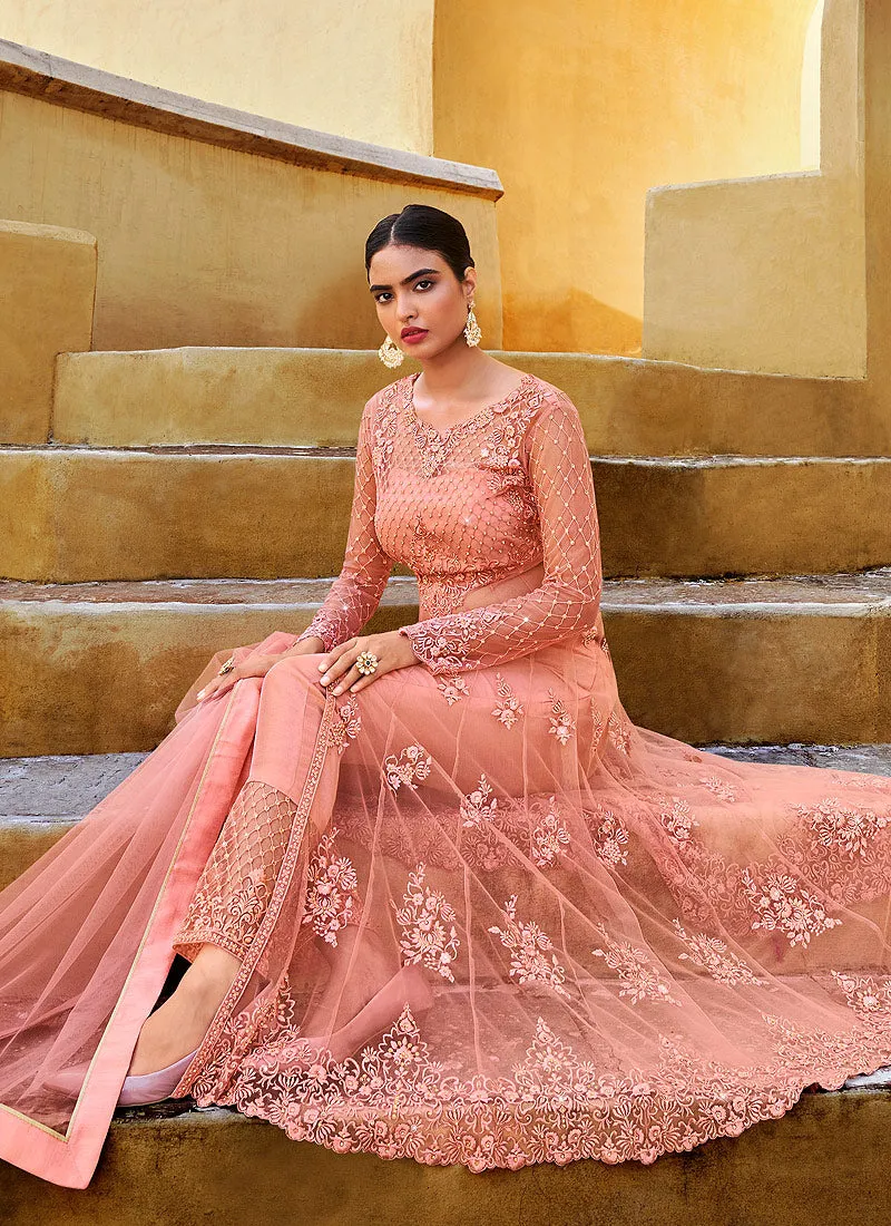 Soft Peach Embroidered Slit Style Anarkali Lehenga/Pant Suit