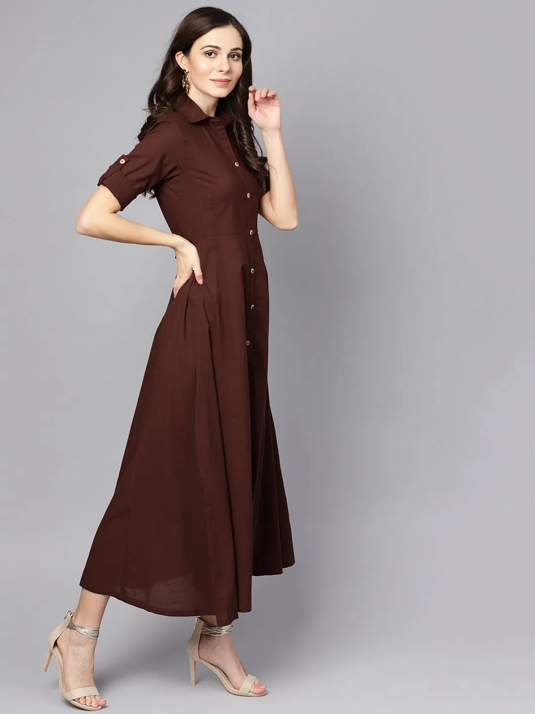 Solid Chocolate Brown Maxi Dress With Shirt Collar & 3/4 Sleeves