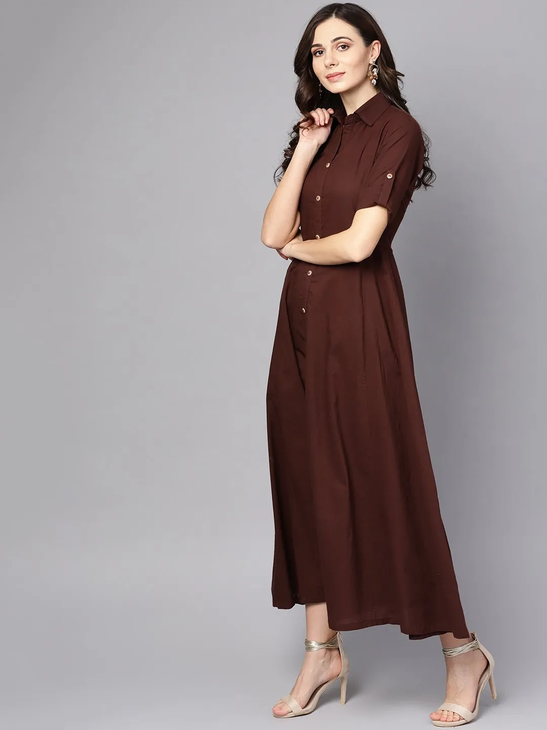 Solid Chocolate Brown Maxi Dress With Shirt Collar & 3/4 Sleeves