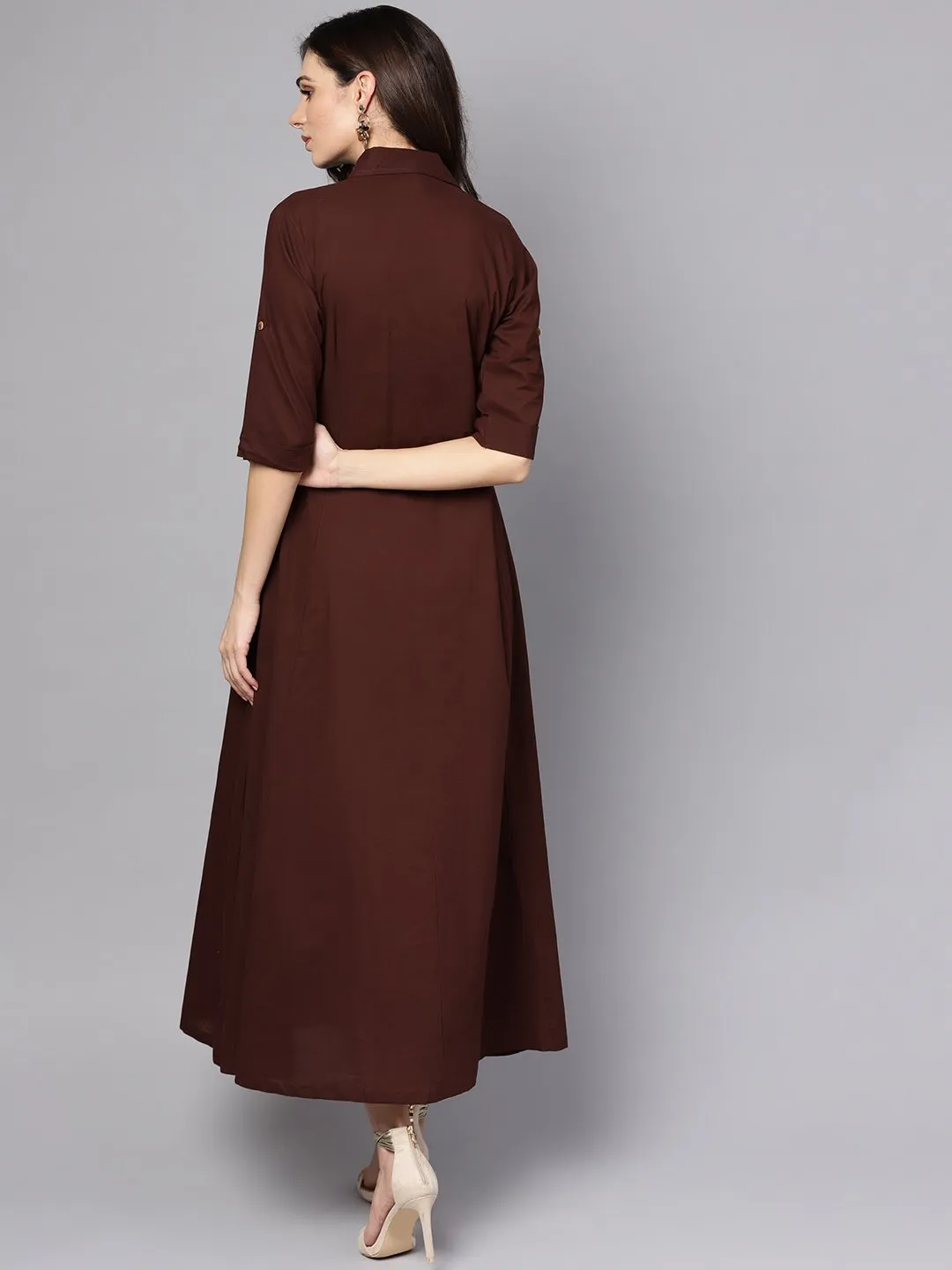 Solid Chocolate Brown Maxi Dress With Shirt Collar & 3/4 Sleeves