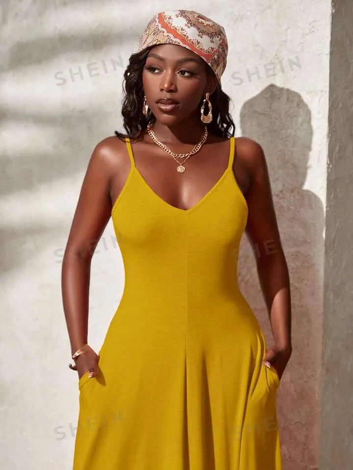 Solid hidden pocket cami dress in yellow