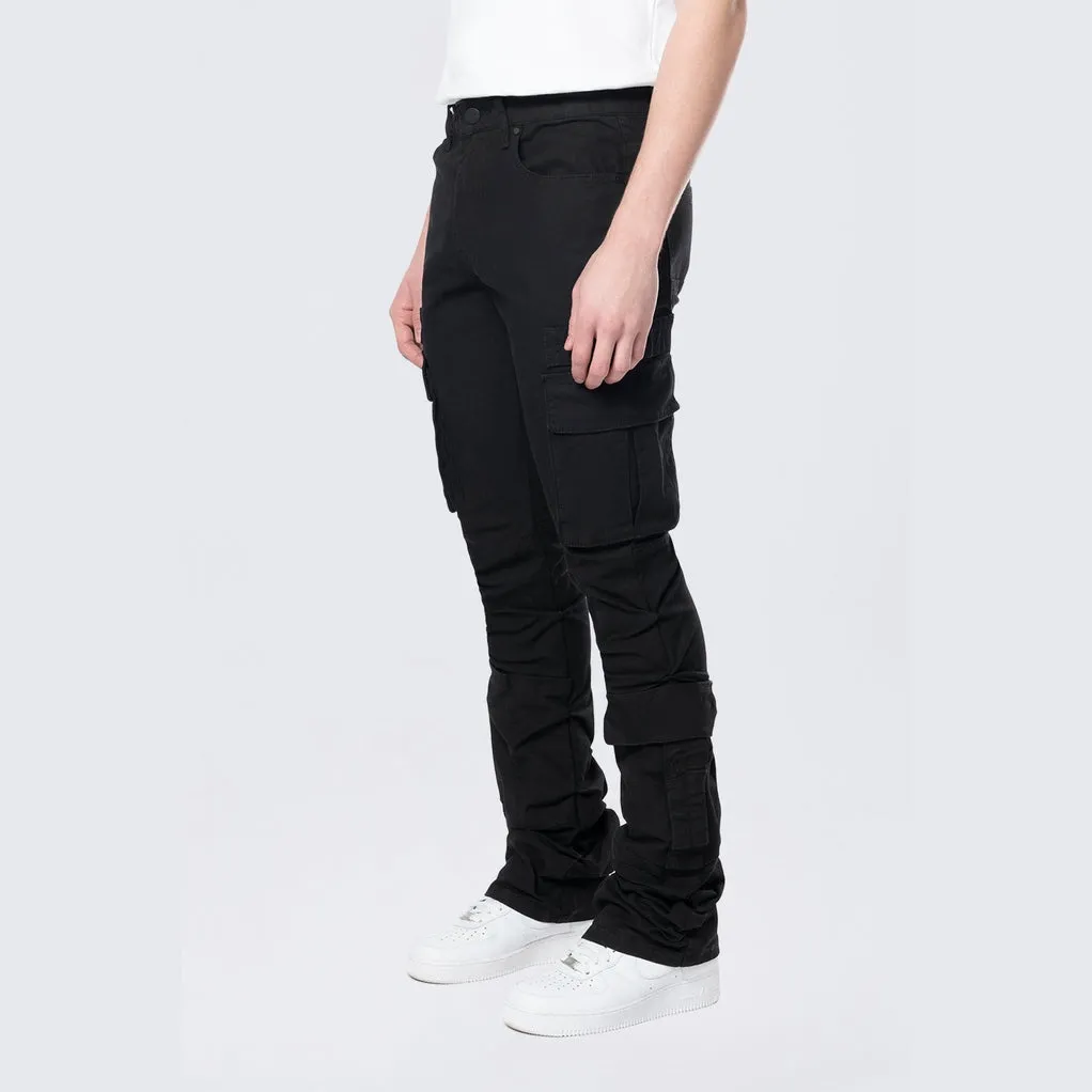 Stacked Flared Cargo Strap Canvas Pants - Black