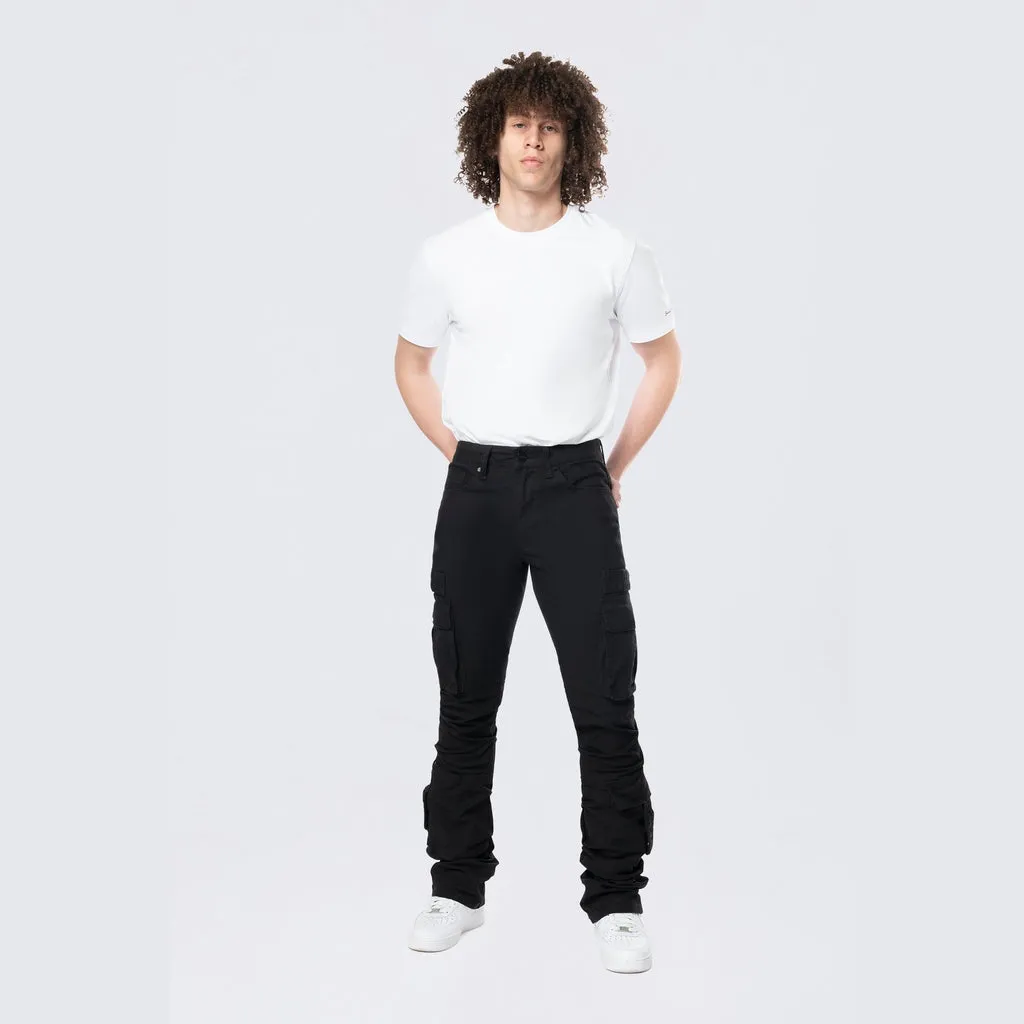 Stacked Flared Cargo Strap Canvas Pants - Black