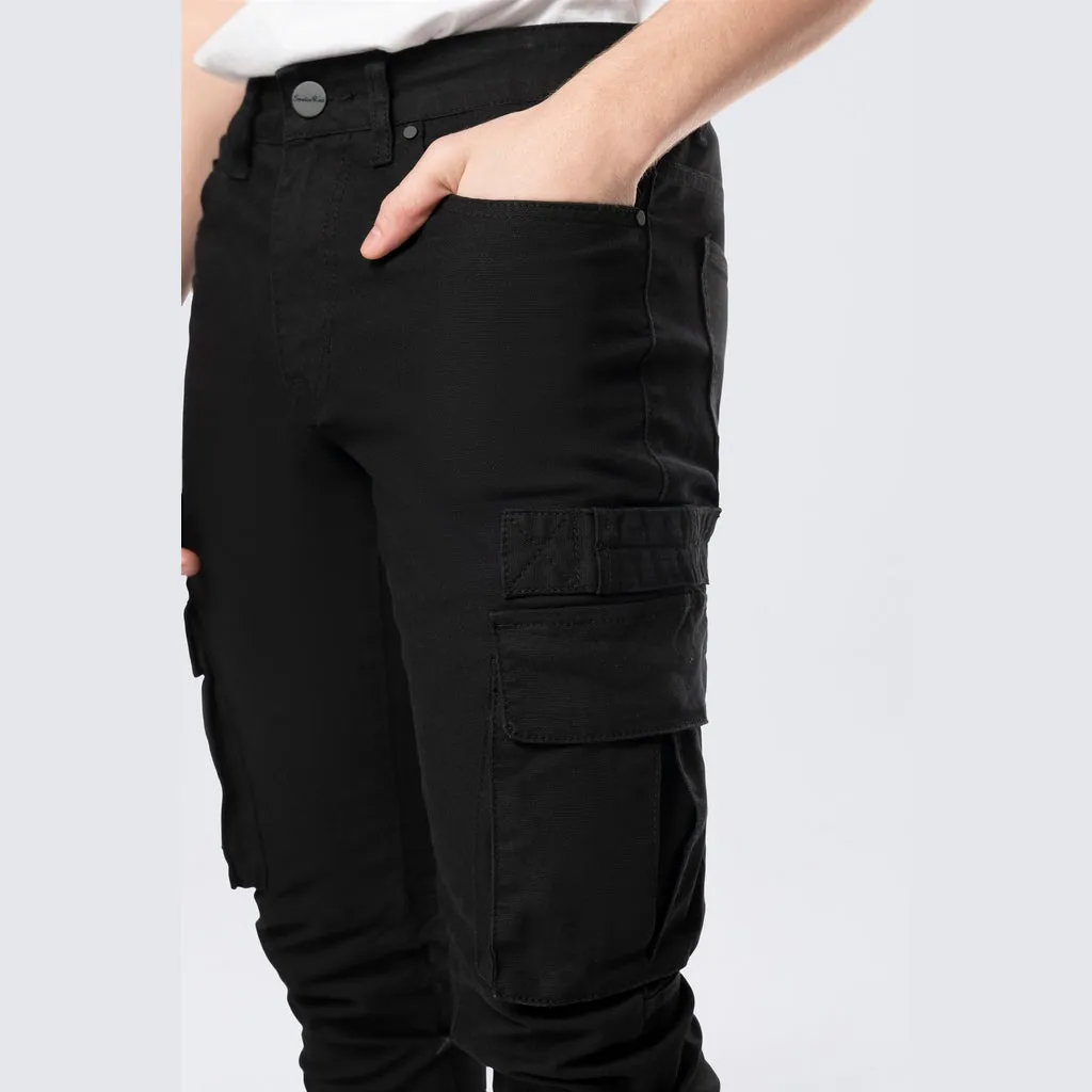 Stacked Flared Cargo Strap Canvas Pants - Black